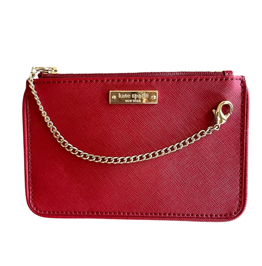 KATE SPADE NEW YORK Red 100% Leather Top Zip Gold Chain Mini ID Coin Purse Pouch